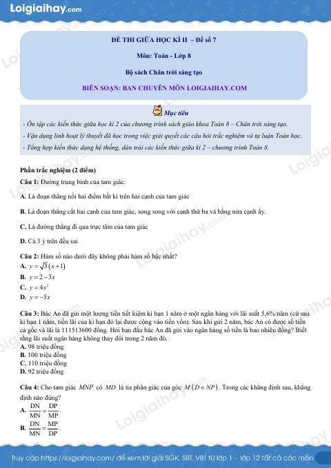 Đề thi giữa kì 2 Toán 8 - Đề số 7 - Chân trời sáng tạo